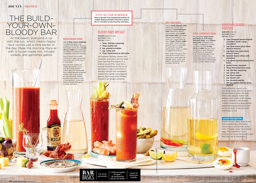 Tear sheet by photographer Stephen Devries for Coastal Living. The tear sheet features a still life photo of various containers of beverages and a couple glasses of Bloody Marys. Strewn about on the table around them are slices of citrus, cubes of cheese, olives, deviled eggs, and other various drink garnishes.