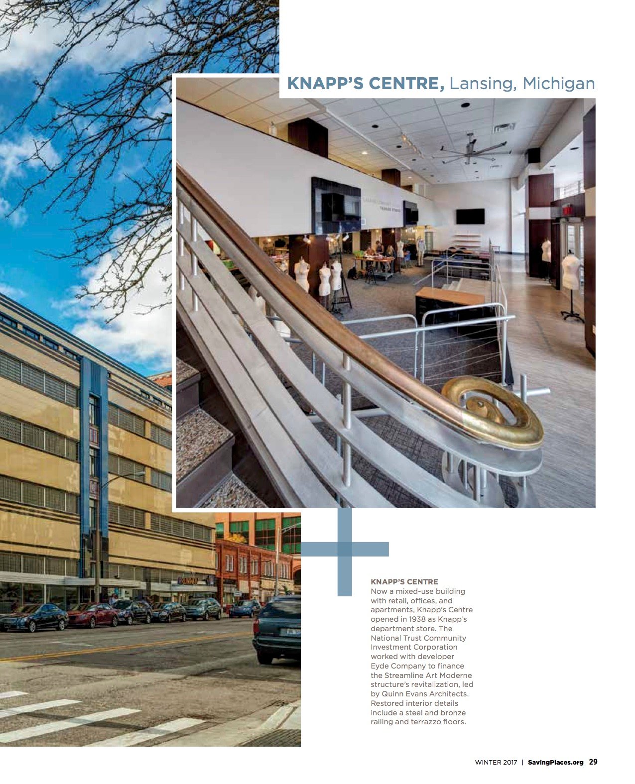 Tear sheet from Preservation Magazine showcasing the interior and exterior of the museum. Photo by Jason Keen.