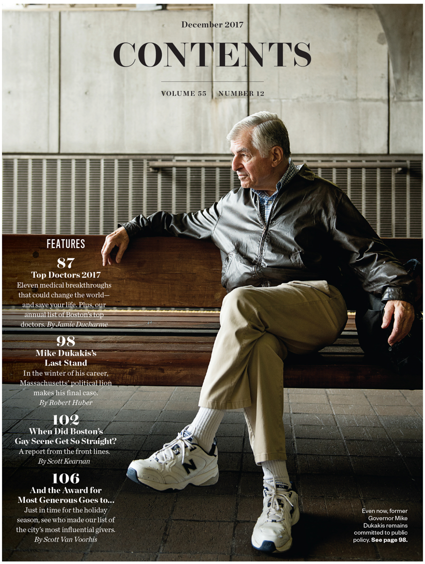 Tear sheet of a shot of Mike Dukakis sitting on a bench by Webb Chappell for Boston Magazine.