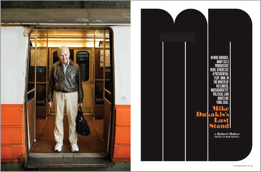 Tear sheet of a shot of Mike Dukakis on a train by Webb Chappell for Boston Magazine