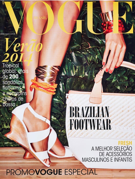 Cover page of Vogue Brazil featuring high heels and a handbag. Photos by Xico Buny.