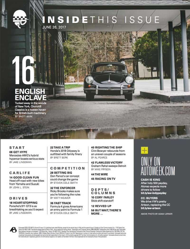 A tear sheet for Autoweek by photographer Adam Lerner. The tear sheet features an old-fashioned-looking black car. The car has round headlights. 