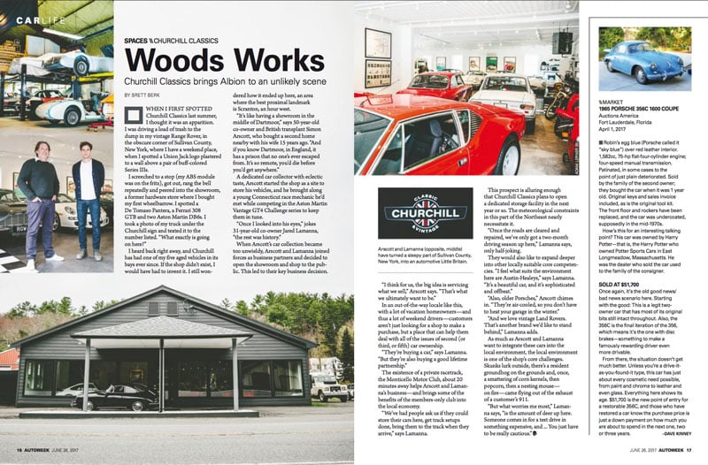 A tear sheet for Autoweek by photographer Adam Lerner. The tear sheet features five photos. On the upper left is a photo of multiple unique cars in a garage. Underneath is a photo of two white men standing in front of a row of cars parked inside on a polished concrete floor. Underneath is a gray building with a pitched roof. There is an old fashioned black car parked outside. On the right is a photo of several old fashioned cars parked in a room with picture frames on the walls. To the right is a last photo of an old fashioned robin's egg blue coupe. 