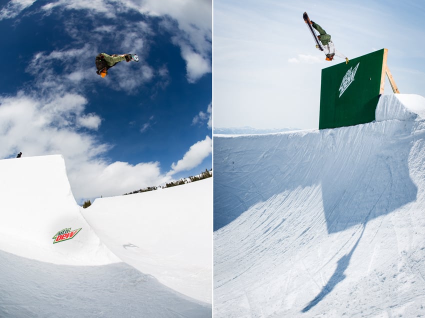 A diptych of photos by photographer Adam Moran for Mountain Dew. Both photos feature professional snowboarders in the air over a half-pipe. In the photo on the left, the Mountain Dew logo appears to be printed onto the snow in the half-pipe. In the photo on the right, there is a green board made of plywood on the edge of the top of the half-pipe that has a white Mountain Dew logo on it. The snowboarder in the photo is touching it from the air.