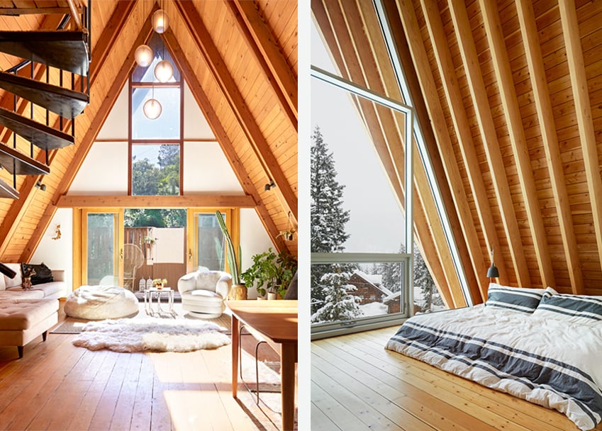 Two side by side interior photos of a wooden a-frame cabin.