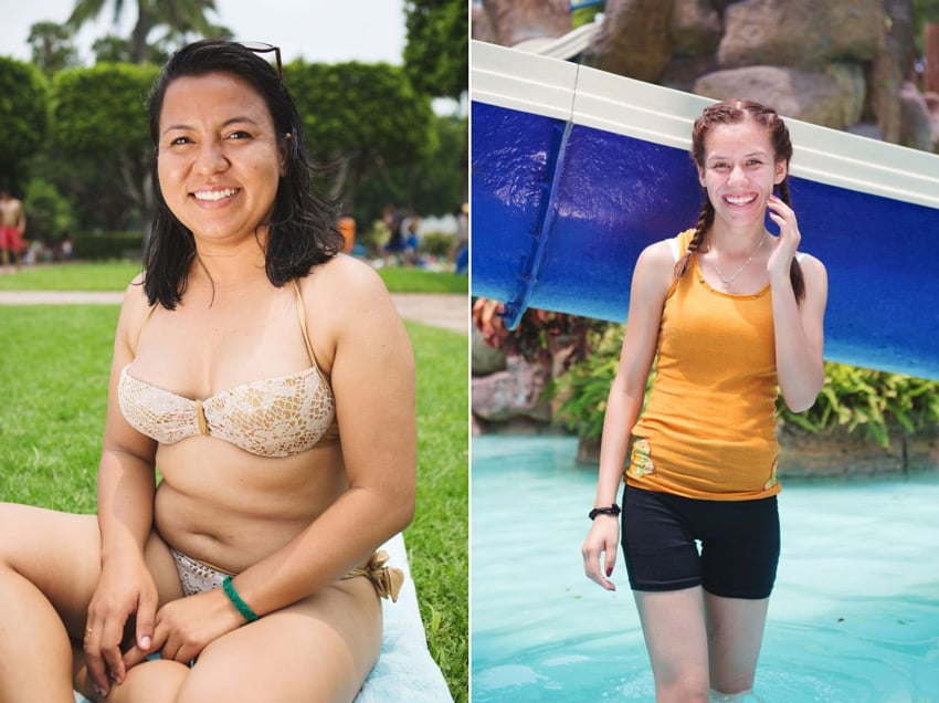 A diptych of photos by Alicia Vera for Refinery29. The image on the left is a portrait of a woman in a bikini sitting on a light blue towel in the grass. She has shoulder-length dark hair and wears a beige and white lacy bikini and a green bracelet on her left wrist. On the left is a portrait of a woman with auburn hair in two french braids. She stands knee-deep in a turquoise pool in front of a water slide. She wears black bike shorts, an orange tank top, and a delicate silver necklace. Her left hand is positioned up by her face in a shy gesture.