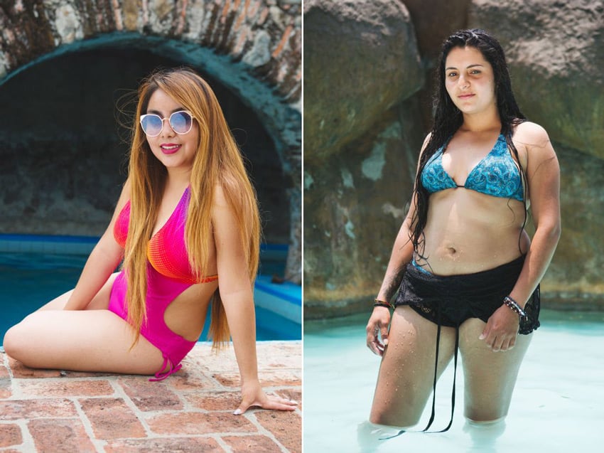 A diptych of photos by Alicia Vera for Refinery29. The image on the left is a portrait of a woman in a hot pink backless one-piece bathing suit sitting on the edge of a pool and smiling. She has long layered hair brown hair with highlights and wears sunglasses and a fuchsia lip color. On the right is a woman standing in a pool with water up to her knees. She has long dark hair that is wet and wears a blue bikini with black shorts over her bikini bottoms. She is wearing a few bracelets on each wrist.