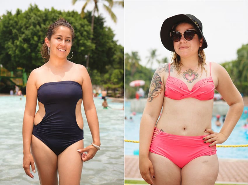 A diptych of photos by Alicia Vera for Refinery29. The image on the left is a portrait of a woman standing in water in a black strapless one-piece bathing suit with cut-outs on each side. She wears large hoop earrings and her curly mid-tone brown hair is in a high ponytail. The image on the right is a portrait of a woman standing with a turquoise pool in the background. She wears a coral bikini and has tattoos on her right shoulder and upper arm, her chest, and on her right abdomen peaking out from her bathing suit bottoms. She wears a black sun hat and black cat-eye sunglasses and poses with her left hand on her hip.