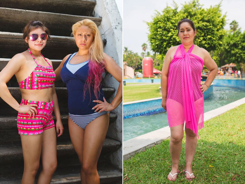 A diptych of photos by Alicia Vera for Refinery29. The image on the left is a portrait of two women in their bathing suits: the woman on the left is gently smiling and wears sunglasses and a pink two-piece halter top bathing suit with a colorful print on it. The bathing suit bottoms are high waisted. The woman on the right has a more serious expression. She wears a blue two-piece bathing suit with striped bottoms and has long blonde hair with hot pink tips. The photo on the right is a portrait of a woman standing  with her left hand on her hip in some grass in front of a turquoise pool. She wears white flip-flop sandals and a sheer hot pink cover-up over a strapless dark one-piece bathing suit. Her dark brown hair is worn up in a high bun.