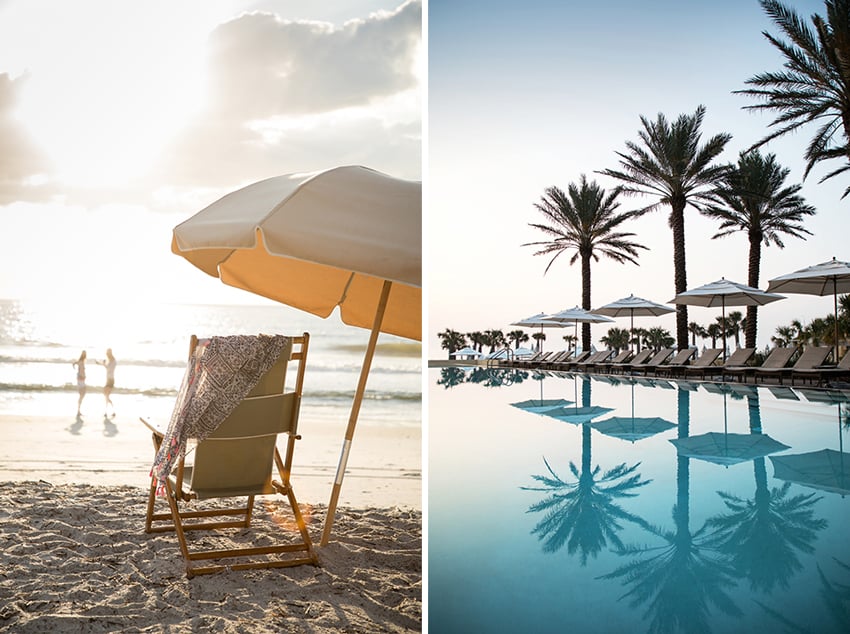 The first photo shows a tranquil beach with a lone deck chair and parasol, with the sun slowly setting in the background. The second, a hotel poolside framed by palm trees. Photo by Amy Mikler.
