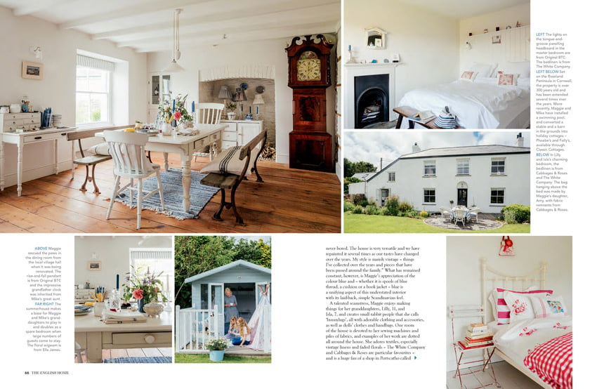 A page from an article in The English Home featuring six photos by Anya Rice of a seventeenth-century home in Cornwall, England. On the upper left is a photo of a communal room with a small desk, a grandfather clock, and large table flanked by benches and chairs. On the upper right is an all white bedroom with a small black fireplace. Underneath is a photo of the white exterior of the home, which is surrounded by a garden and has a small patio just outside the door with outdoor furniture on it. On the bottom left are a couple of closeups featuring details of the home. On the bottom right is a closeup of a bed in a bedroom with a red and white color scheme. 