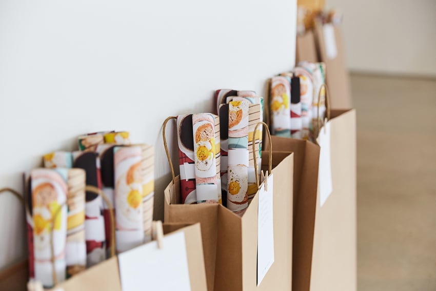 Gift bags containing vintage wrapping paper, photo by Ashley Gieseking.