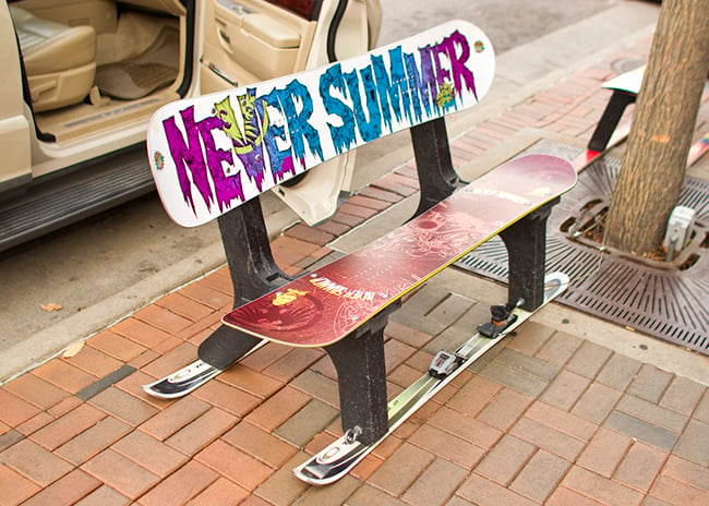 Bench on Washington Ave made of snowboards and skis