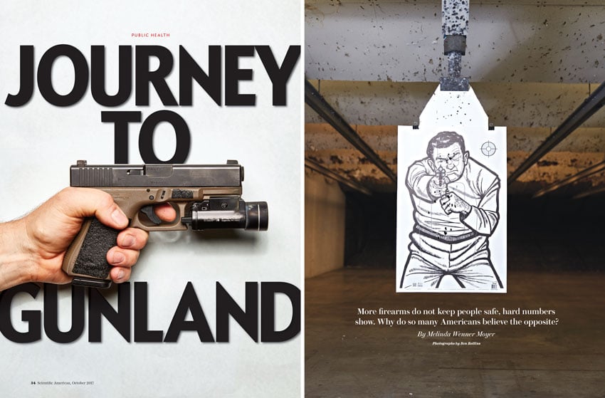 Tear sheet photos of a gun and a paper shooting target, photo by Ben Rollins.