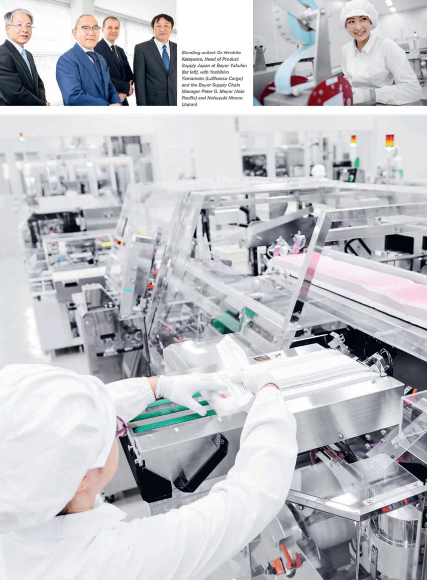 A tear sheet for Lufthansa Cargo by Ben Weller. The tear sheet features three photos. On the upper left is a corporate portrait featuring four men in suits. Three of the men are East Asian and one is European. On the upper right is a photo of a worker smiling in lab wearing a white uniform including a white hair covering and gloves. The largest photo, underneath, features a worker in a lab working with a complicated-looking machine. The worker wears protective white gloves, a white coat, a white hair covering, and transparent pink glasses frames.