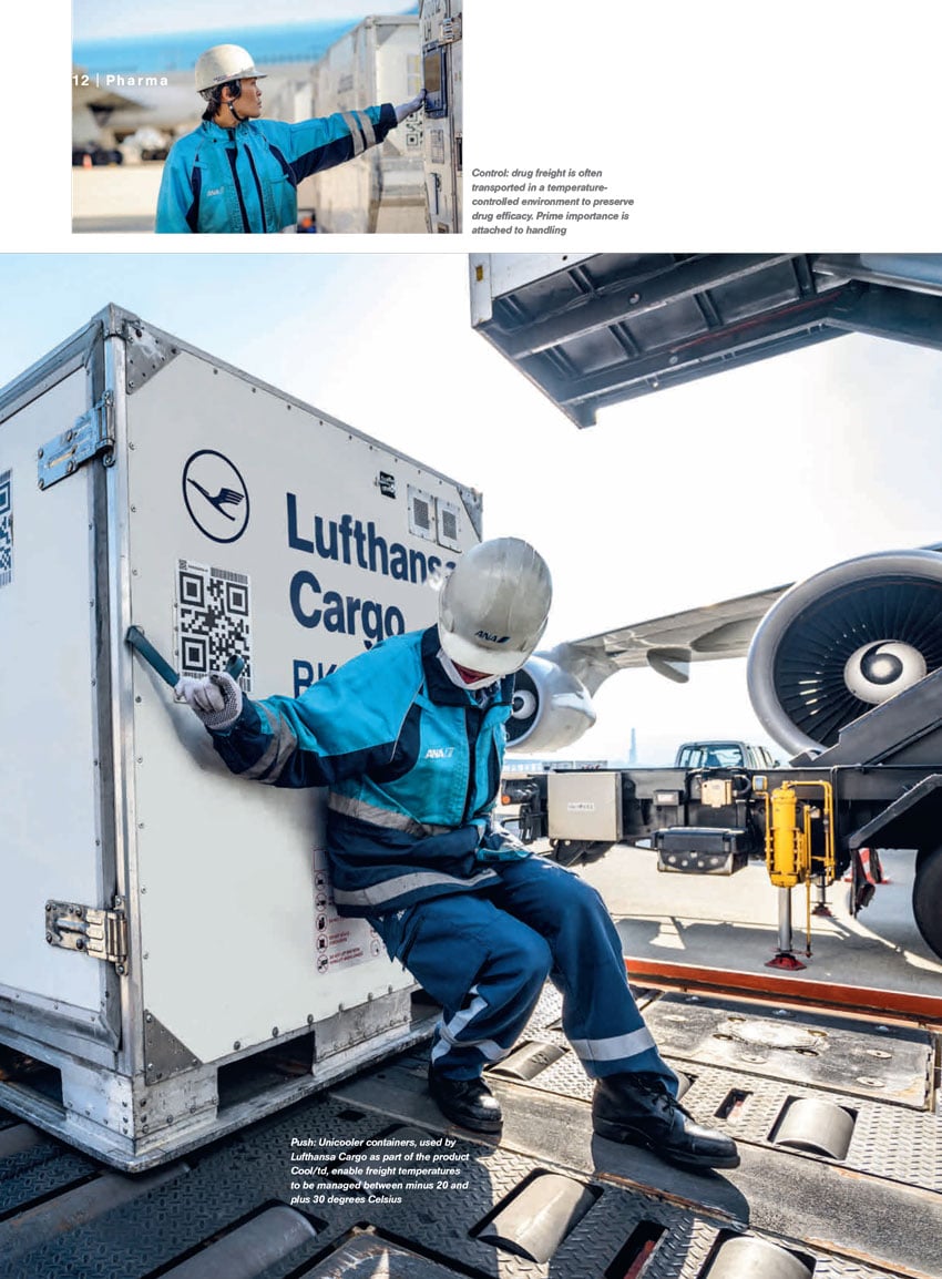 A tear sheet for Lufthansa Cargo by Ben Weller. The tear sheet features two photos. A small photo in the upper left corner features an outdoor airport worker at work wearing a white helmet and a teal jacket. Underneath is a larger photo of an airport worker in a white helmet and blue uniform. The worker is leaning against a Lufthansa Cargo cargo container. The worker's face is hidden, and there is an airplane propeller and wing in the background of the shot.