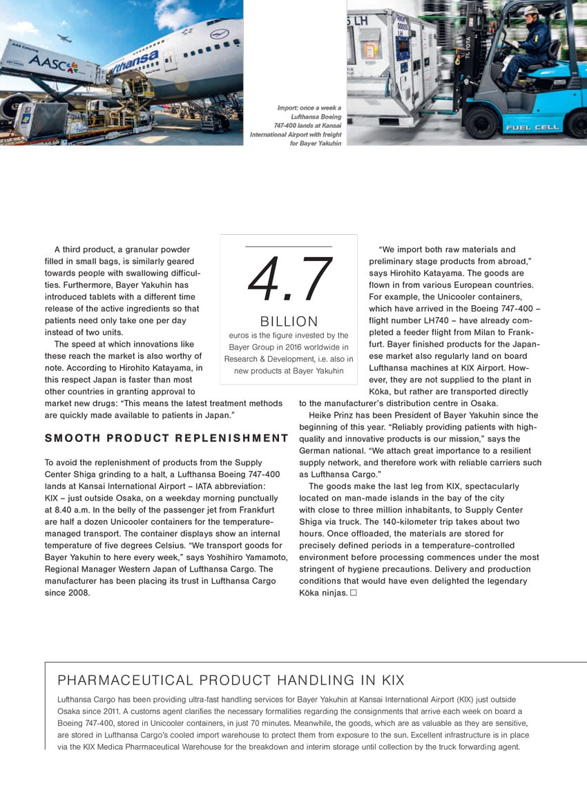 A tear sheet for Lufthansa Cargo by Ben Weller. The tear sheet features two photos. In the upper left is a photo of a Lufthansa airplane being loaded with a cargo container. On the right is a worker in a blue uniform and white helmet operating a small forklift carrying a cargo container.
