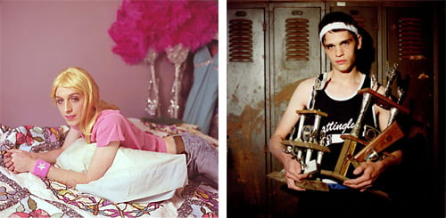 A photo of a woman in her room, mostly colored pink, alongside a photo of a high school athlete holding several trophies in a rundown locker-room, both by Brett Bell.