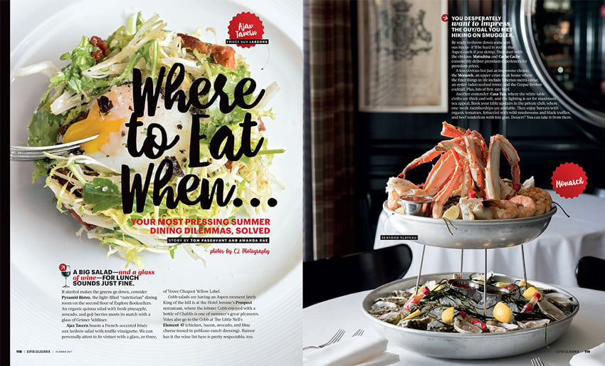 A tear sheet by C2 Photography for Aspen Sojourner Magazine. The tear sheet features two images. On the left is a closeup photo of a salad neatly plated on a white plate with a poached egg in the center. On the right is a two-tiered serving piece that contains various types of seafood, including large crab legs, shrimp, and oysters with slices of lemon and mini Tabasco hot sauce bottles.