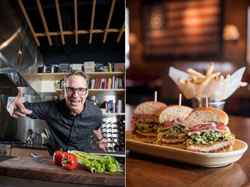 A diptych of photos by C2 Photography for Aspen Sojourner Magazine. On the left is a picture of a man in a kitchen with a cutting board with vegetables on it in front of him. He gestures at the camera energetically. On the right is a photo of plate with three identical segments of a fried chicken sandwich with a metal container of french fries in the background.