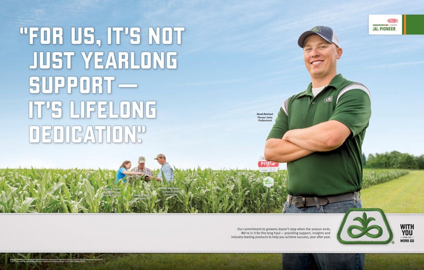 DuPont/Pioneer tearsheet showing a company representative smiling beside a field shot by agriculture photographer Chad Holder
