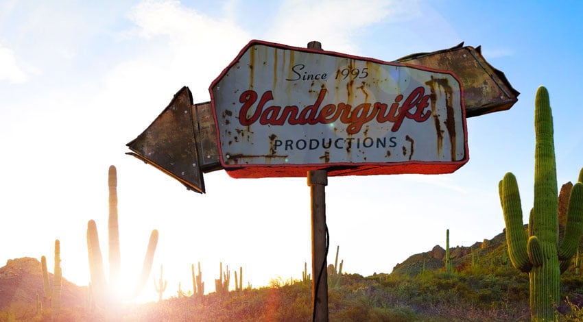A vintage "Vandergrift productions" sign, photo by Clark Vandergrift.