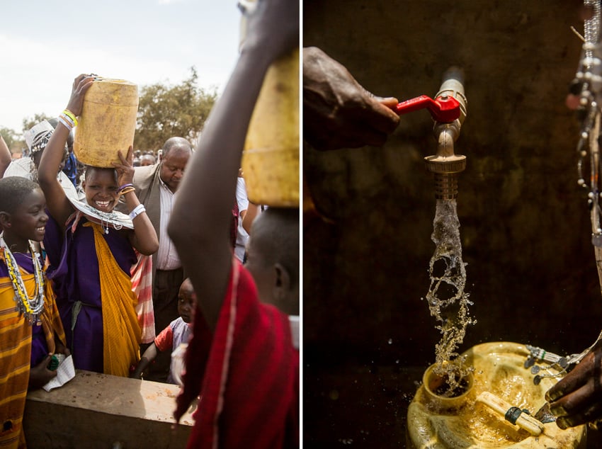 A diptych of photos. On the left is a photo featuring smiling African children in brightly colored tribal clothing and a grown man in a western style formal jacket. Two of the children balance jugs of water on their heads. On the right is a closeup of a person filling a plastic jug with water at a spigot with a red handle.