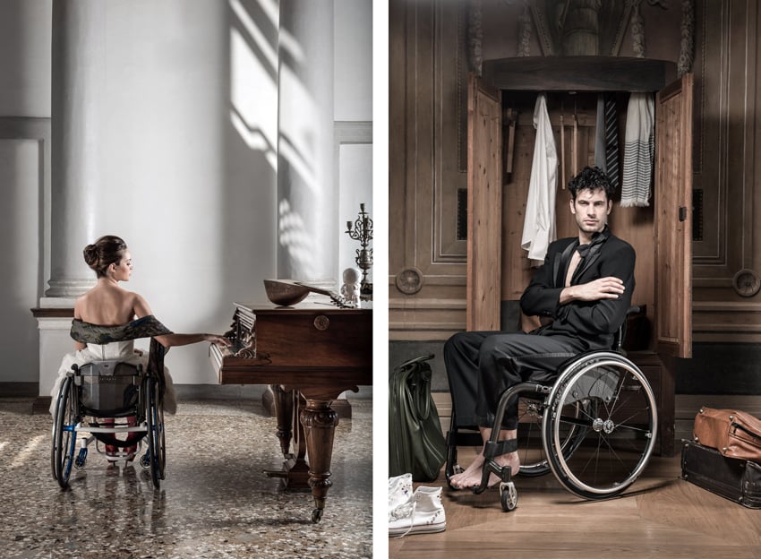 A diptych of photos by Colin Dutton for Progeo. On the left is a formally dressed woman in a white dress with a shawl and high heels in a wheelchair. She is positioned sideways in front of a piano and touches the keyboard with one hand. On the right is a formally dressed man in a wheelchair. He wears a tuxedo without a shirt under his jacket and his feet are bare. Scattered about the base of the wheelchair are a pair of white Converse sneakers and a few leather luggage pieces.