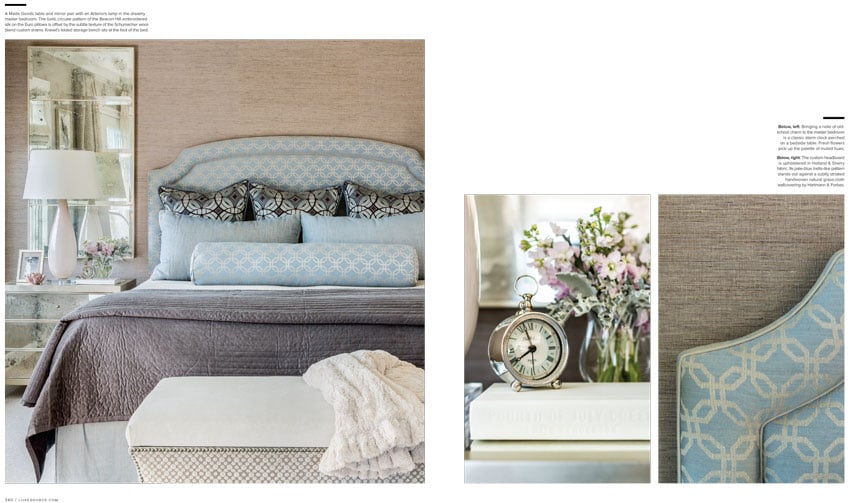Tear sheet photos of a beautifully decorated bedroom.