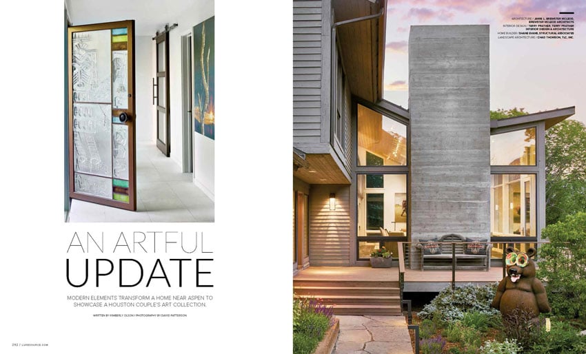 Tear sheet showing an exterior of a luxurious home, photo by David Patterson.