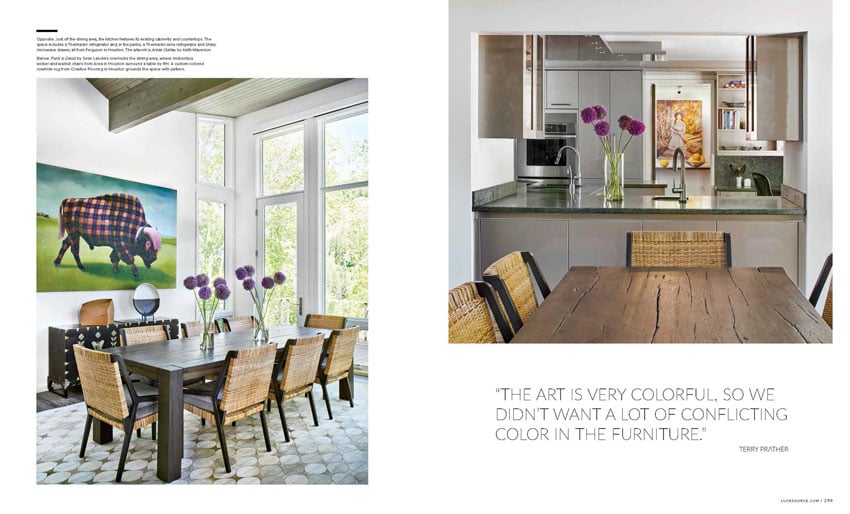 Tear sheet showing a clean interior of a luxurious home featuring some colourful art, photo by David Patterson.