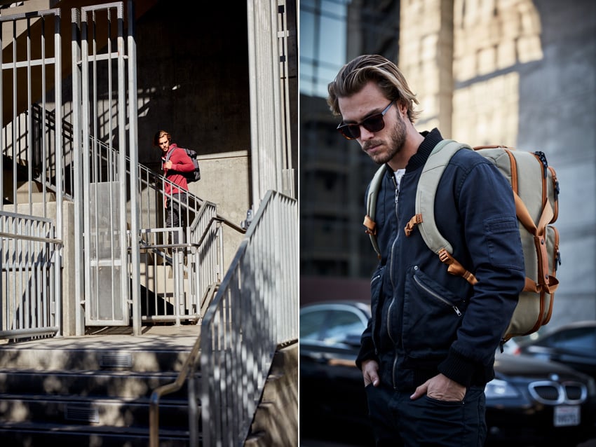 A diptych of photos taken by David Troyer for Eagle Creek. The photo on the left features a man in a red hoodie with a gray Eagle Creek backpack on his back. He stands on an open air staircase. The image on the right features the same model, this time wearing a navy blue bomber jacket and a beige Eagle Creek backpack with orange accents. 
