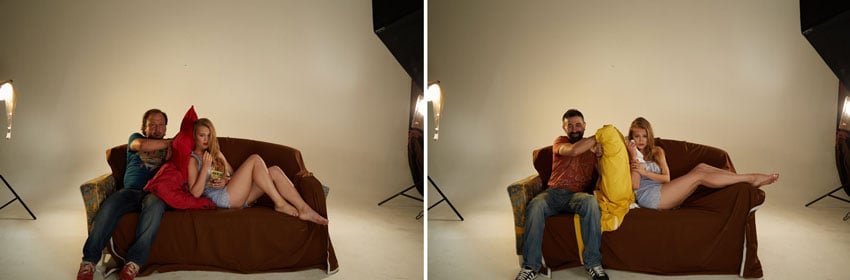 A diptych of behind the scenes photographs of Diapolis Images' shoot for Haribo. On the left is an image of a woman and a man sitting on a couch on a photo set with lighting equipment and a white background. The man props a large red cushion against the woman's back as she leans against it with her blonde hair gathered over her left shoulder. On the right is a photo of the same woman leaning against a large yellow cushion which is behind propped up by a different man. The woman's feet are resting on the couch's arm rest. 