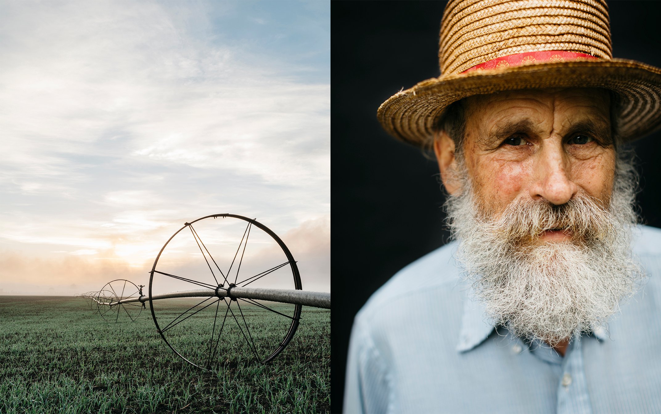 (L) shows a large field with irrigation pipeline stretching across it and (R) a portrait of a farmer by Michael Piazza