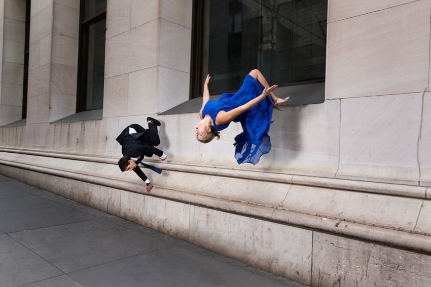 Athletes dressed in formal wear jumping from a wall shot by Ben Franke.