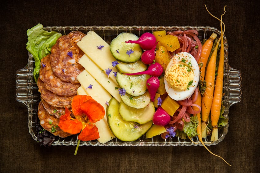 A photograph of a food platter taken by Sara Stathas for Hell's Backbone Farm.