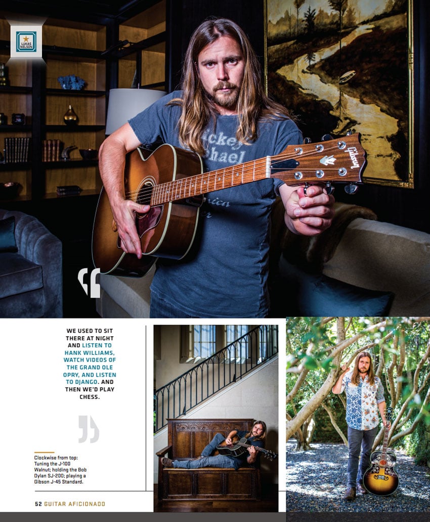 Tear sheet of Lukas Nelson playing a guitar, photo by Drew Anthony Smith.