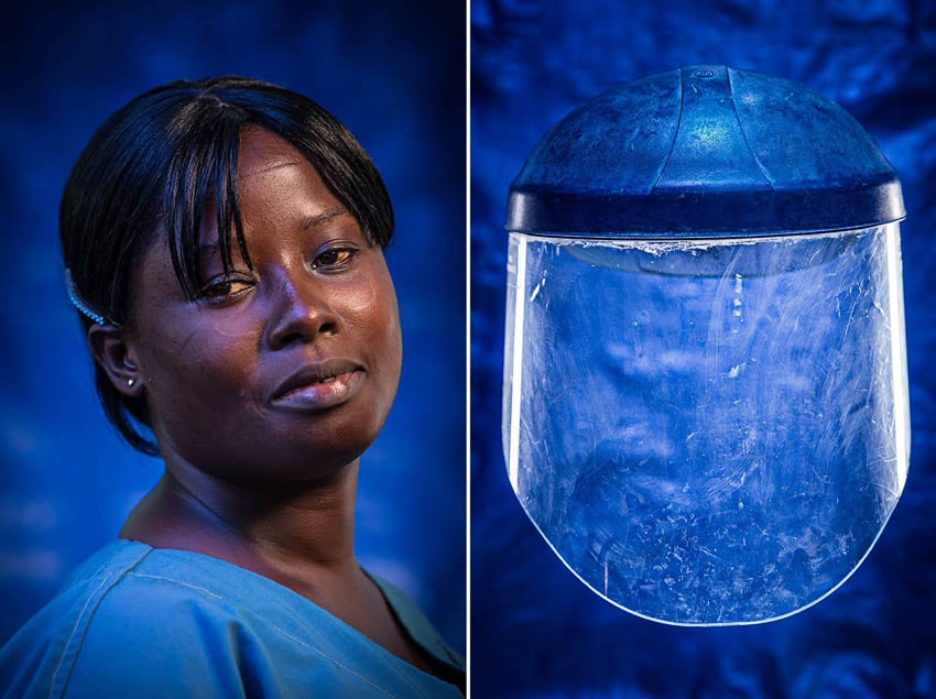A portrait of a woman and a photo of a mask designed for interfacing with Ebola-infected individuals. Photo by Christopher Beauchamp.