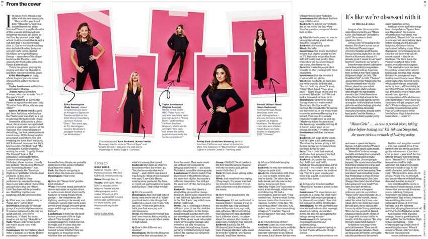 Tear sheet of the new faces of the “Mean Girls” as the iconic movie gets turned into musical: Erika Henningsen, from left, who plays Cady Heron; Kate Rockwell, who plays Karen Smith; Taylor Louderman, who plays Regina George; Ashley Park, who plays Gretchen Wieners; and Barrett Wilbert Weed, who plays Janis Sarkisian, Photos by Edgar Artiga for The Washington Post