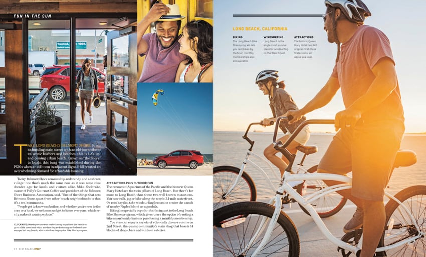 A tear sheet by photographer Erik Isakson for Chevrolet's New Roads Magazine. The tear sheet features several photos that feature a red Chevrolet SUV and people smiling while riding bicycles along the beach.