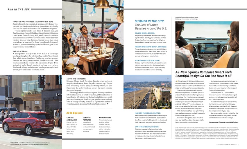A tear sheet by photographer Erik Isakson for Chevrolet's New Roads Magazine featuring a red Chevrolet SUV, an aerial shot of a boardwalk, a photo of a couple smiling with a waitress at a restaurent, and a photo from inside a car taken from behind a couple in the front seat.
