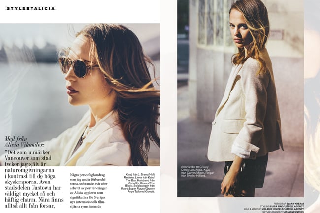 Tearsheet for Stylerby magazine featuring two photos of Alicia Vikander, shot by Vancouver-based fashion photographer, Evaan Kheraj  