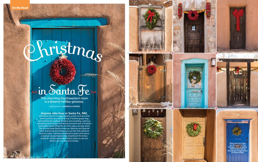Tear sheet of photos of different doors decorated with Christmas wreaths by Gabriella Marks for Food Network Magazine.