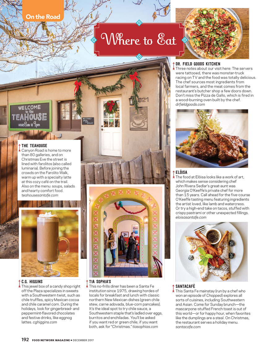 Tear sheet of photos of different locations and their foods in Santa Fe  by Gabriella Marks for Food Network Magazine.