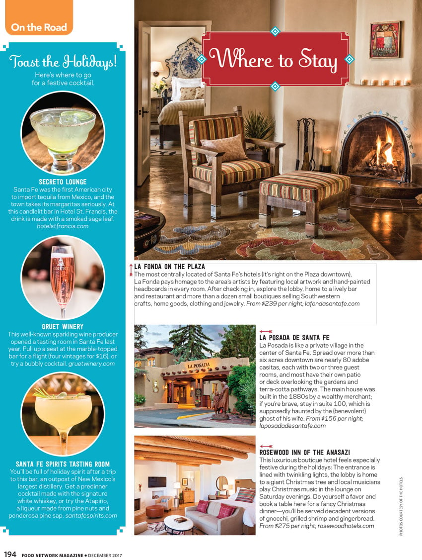 Tear sheet of photos of different accommodation in Santa Fe by Gabriella Marks for Food Network Magazine.