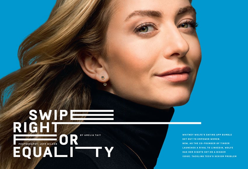 Tear sheet of a portrait of Whitney Wolfe, the co-founder of Bumble, photo by Jeff Wilson.