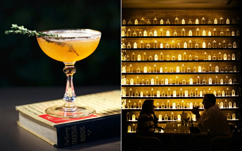 A diptych of photos by Jody Horton. On the left is a photo of a golden-colored cocktail in a coup glass with a couple sprigs of herbs as garnish. The glass sits on top of The Savoy Cocktail Book. On the left is a photo of a couple sitting at a cocktail bar. It is dimly lit and the couple is silhouetted against a wall of shelves full of various bottles.