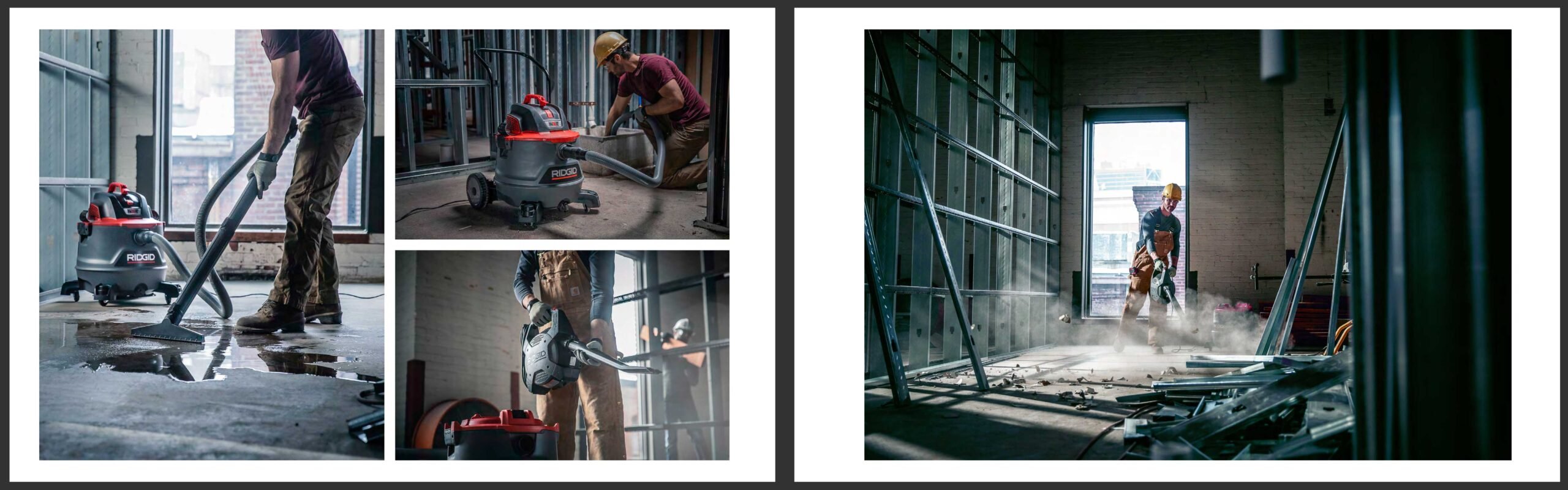 Two images of workers using a shop-vac on a construction site.
