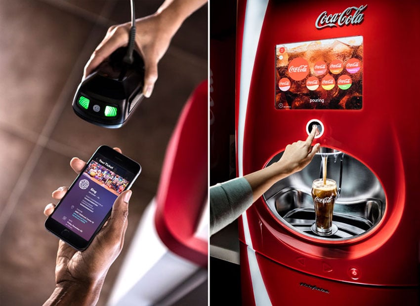 Two color photos by John Fulton of a soda machine and phone check-in application displayed in a diptych.