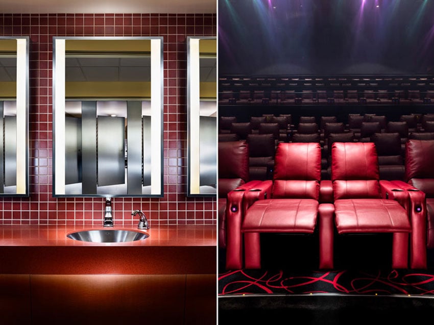 Two color photos by John Fulton. One of a bathroom mirror and the other of reclining theater chairs.